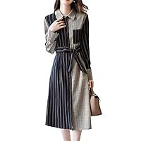Office Lady Plaid Printed Patchwork Button Belt Dresses Spring Autumn Long Midi Dress Women's Clothing