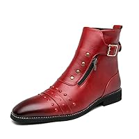 Men's Leather Motorcycle Ankle Boots Side Zipper Dress Casual Riding Punk Rock Plain Toe Studded Men Boots