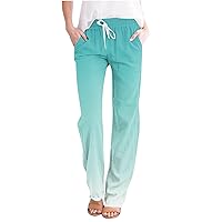 Womens Casual Pants Summer Drawstring Elastic Waist Straight Leg Beach Long Pants Loose Comfy Printed Trousers with Pockets