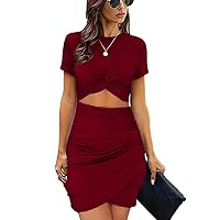 Women's Sundress 2024 Summer Casual Ruched Bodycon Dresses Wrap Slim Fit Twist Knot Cutout Dress