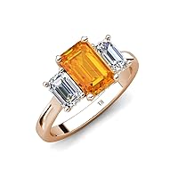 Emerald Cut Citrine & Lab Grown Diamond 3.59 ctw Four Prong Women Three Stone Engagement Ring 14K Gold