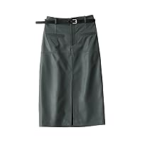 Real Leather Longuette for Women Sheepskin Wrap Long Skirt Belt Mid Length Front Slit Mid-Calf