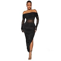 2023 Women's Dresses Off Shoulder Ruched Split Thigh Mesh Dress Women's Dresses (Color : Black, Size : Large)