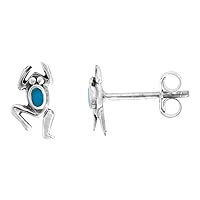 Tiny Sterling Silver Frog Stud Earrings with Oval Stone Inlay assorted colors 7/16 inch