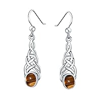 Choose Your Gemstone Sterling Silver Celtic Knot Linear Drop Earrings Design Oval Shape Jewelry for Women Girls Gifts Fish Hook Earring, Chakra Healing Birthstone Earring .ÿ