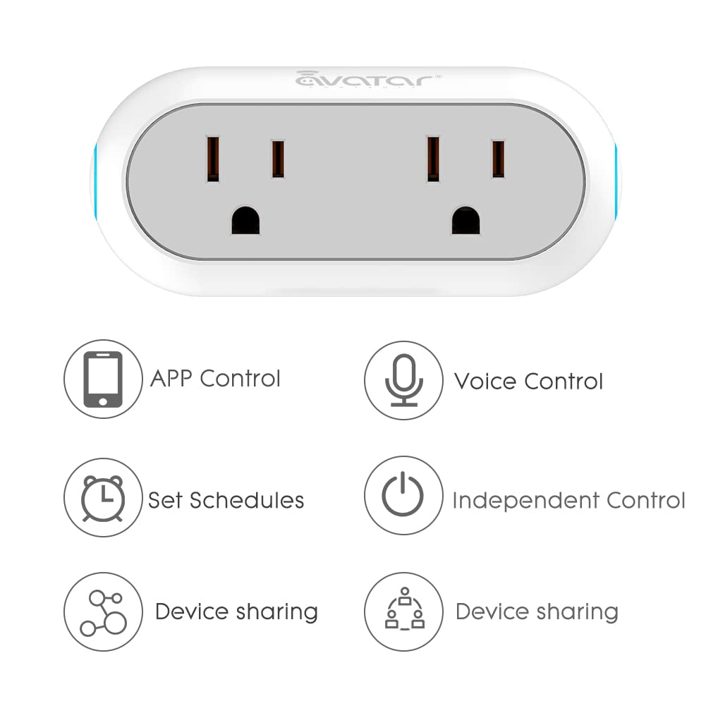 Smart Plug That Work with Alexa, Google Home Assistant, Siri Shortcuts & IFTTT, Dual Sockets 2.4G WiFi Outlet Compatible with Avatar Controls, Smart Life & Tuya APP - Energy Monitoring - 2 Pack