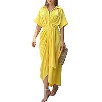 Women Turn-Down Collar Solid Dress Long Tunic Beach Maxi