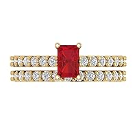 1.51 ct Emerald Cut Solitaire Accent Genuine Simulated Ruby Designer Art Deco Statement Wedding Ring Band Set 18K Yellow Gold