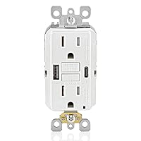Leviton GUAC1-W 15A SmartlockPro Self-Test GFCI Combination with Type A & Type-C USB In-Wall, USB Charger for Smartphones and Tablets, White