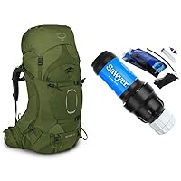 Osprey Aether 65 Men's Backpacking Backpack, Garlic Mustard Green & Sawyer Products SP129 Squeeze Water Filtration System w/Two 32-Oz Squeeze Pouches, Straw, and Hydration Pack Adapter