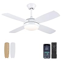 107 cm Ceiling Fans with Lights, White Modern Ceiling Fan with Remote Control and App Control, 6-Speed, Memory Function, Fan Lamp Ceiling for Bedroom, Living Room
