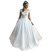Melisa Women's Retro Off Shoulder Lace Long Sleeve Wedding Dresses for Bride with Train Bridal Ball Gown White