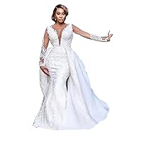 Women's Lace Sequins Bridal Ball Gown with Detachable Train Mermaid Wedding Dresses for Bride Long Sleeve Plus Size
