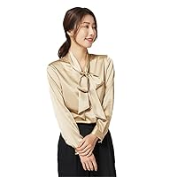 Silk Shirt Women's Spring Autumn Long Sleeve Satin Silk Blouse V-Neck Bow Ribbon Shirt