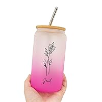 Glass Tumbler with Stainless Steel Straws 16 Oz Birth Flower Glass Cups with Name Cute Customized Mother Day Gifts Drinking Glass Cups for Milk Christmas Girlfriend Women Gifts