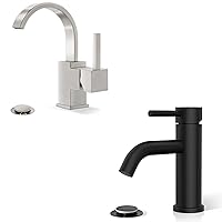 Phiestina One Hole Bathroom Faucet, Single Handle Faucet, with Metal Pop-up Drain with Overflow and Water Supply Line, SGF05-BN-5+BF01051-N1-MB