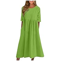 Maxi Dresses for Women 2023 Casual ，Round Neck Half Sleeve Solid Color Hierarchical High Waist Flowy Sundress