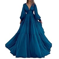 Tulle Long Puffy Sleeve Prom Dresses Long Ball Gowns Deep V Neck Ruched Formal Evening Gowns for Women