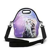 Insulated Neoprene Lunch Bag Removable Shoulder Strap Reusable Thermal Thick Lunch Tote Bags For Women,Teens,Girls,Kids,Baby,Adults-Lunch Boxes For Outdoors,Work,Office,School (Wish Cat)