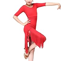 Girls Tassel Latin Outfit Half Sleeve Irregular Salsa Performance Ballroom Dance Dress