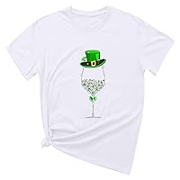 St Patrick's Day Tops Womens Casual Crew Neck Short Sleeve T-Shirt 2024 Trendy Lucky Green Wine Glass Graphic Tees Shirt