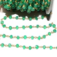 Green Onyx 2MM Faceted Rondelle Gemstone Beaded Rosary Chain by Foot For Jewelry Making - 24K Gold Plated Over Silver Handmade Beaded Chain Connectors - Wire Wrapped Bead Chain Necklaces