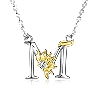 M alphabet Script Name Pendant Necklace for Women Girls Boys Sterling Silver Initial Alphabet Sunflower