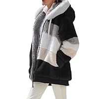 Women Winter Warm Coats Long Sleeve Color Patchwork Plush Hooded Zipper Coats Plus Size Outfits Jackets