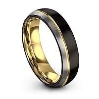 Tungsten Wedding Band Ring 6mm for Men Women 18k Rose Yellow Gold Plated Dome Off Set Line Black Grey Half Brushed Polished