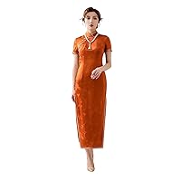 Cheongsam Dresses Silk Fragrant Cloud Yarn Jacquard Chinese Evening Qipao Fashion Orange Dress 3468
