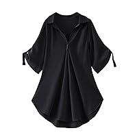 Womens V Neck Tunic Tops Loose Fitted Pleated Shirts 2024 Summer Casual Blouses Curved Hem Tunics for Leggings