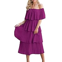 Women's Off The Shoulder Summer Wedding Guest Chiffon Tiered Ruffle Pleated Casual Midi Dress Purple