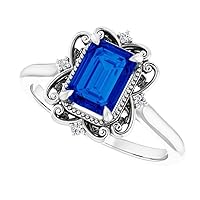 3 CT Blue Sapphire Engagement Ring with Emerald Accents, 14k White Gold Vintage Style Halo Setting