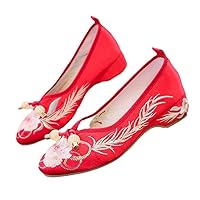 Women Slip On Satin Pumps Pointed Toe Embroidered Ethnic Shoes Ladies Vintage Mid Heel Soft Wedding Party Shoe Red 8
