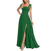 Chiffon A-line Leg Slit Bridesmaid Dress Floor-Length Prom Dress with Bow