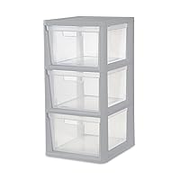 Sterilite 3 Drawer Storage Tower, Plastic Bin Drawers with Handles Organize Clothes in Closet, Easy Assembly, Gray with Clear Drawers, 1-Pack
