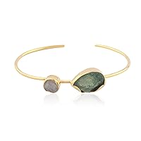 Guntaas Gems Natural Rough Look Green Strawberry Quartz & Raw Moonstone Bangle Brass Gold Plated Double Stone Adjustable Bangle Bracelet
