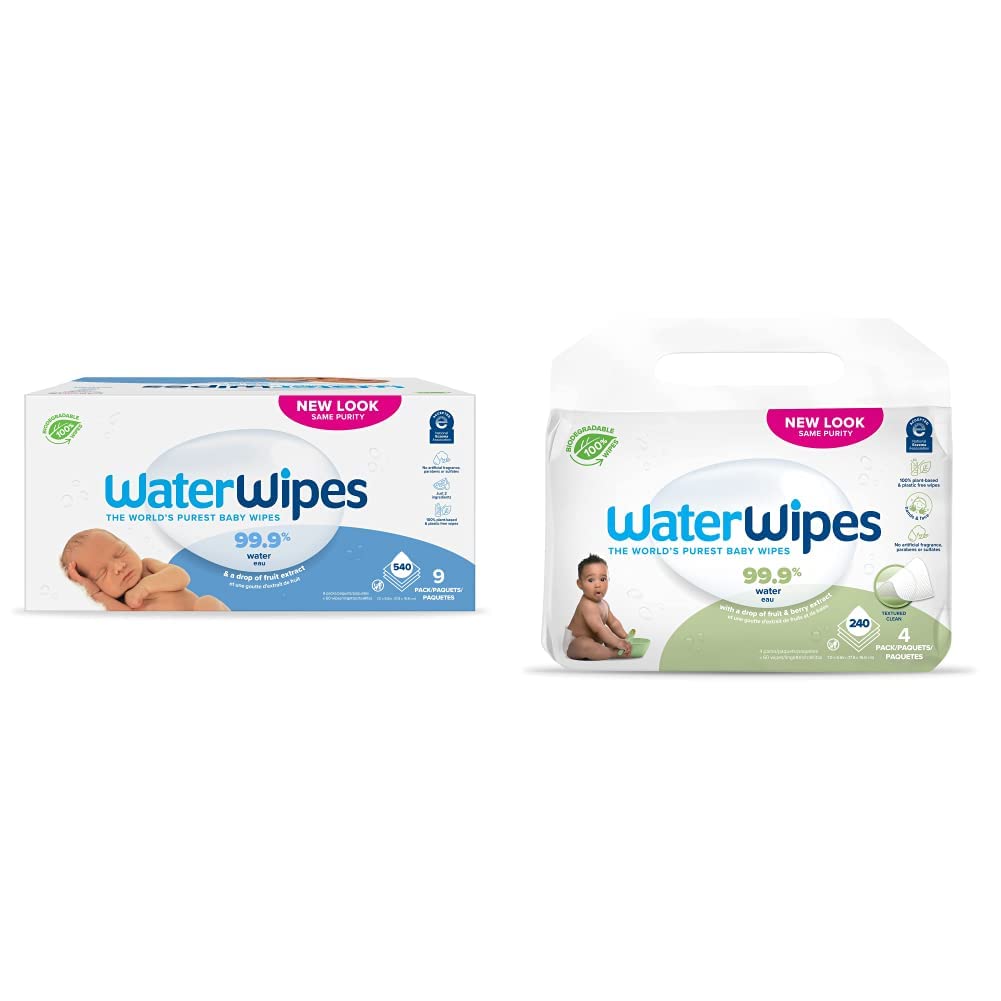 WaterWipes Bundle, Original 540 Count (12 packs) & Textured Clean Wipes 240 Count (4 packs), Plastic-Free, 99.9% Water Based Wipes, Unscented, Hypoallergenic for Sensitive Skin, Packaging May Vary
