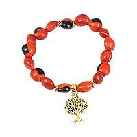 Peruvian Gift Gold Tree of Life Charm Stretchy Bracelet - Symbol of Growth & Strength w/Good Luck Huayruro Seeds