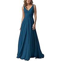 Women's V-Neck Ruched BodiceChiffon A-line Junior Bridesmaid Dress Floor Length Formal Evening Prom Gowns