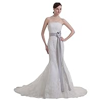 Ivory Strapless Lace Sweep Train Mermaid Wedding Dress With Grey Sash