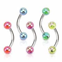 Aurora Borealis Coating Over Splash Acrylic WildKlass Balls 316L Surgical Steel Curve Barbell Eyebrow Barbell (Sold by Piece)