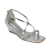 Womens Low Heel Wedge Sandals Ladies Crystal Diamante Trim Strap Party Synthetic Leather Shoes Size 5-10