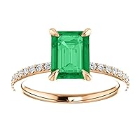 Trendy 1 CT Emerald Cut Emerald Engagement Ring 14k Rose Gold, Genuine Emerald Diamond Pave Band, Natural Green Emerald Ring, Emerald Edwardian Ring, Wedding Ring