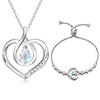 AGVANA June Birthstone Moonstone Heart Necklace Bracelet for Women Sterling Silver Infinity Love Pendant Fine Jewelry Set Mothers Day Gifts for Mom Anniversary Birthday Gifts for Mother Her