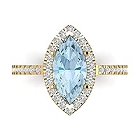 2.35ct Marquise Cut Solitaire with Accent Halo Aquamarine Blue Simulated Diamond designer Modern Ring 14k Yellow Gold