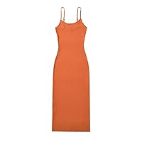 Summer Elegant Knitted Split Midi Dress Women Camisole Elastic Slim Solid Color Dresses