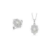 Women's 14K White Gold Floral Pattern Halo Pendant Necklace & Matching Ring. Gemstone & Diamonds, 18