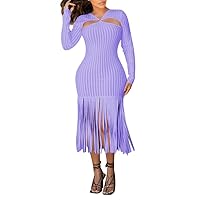 Womens Sexy Long Sleeve Solid Color Backless Ribbed Slim Tassel Dress Casual Dress