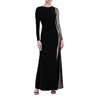 BCBGMAXAZRIA Women's Fit and Flare Floor Length Evening Gown Long Sleeve Crew Neck Side Slit